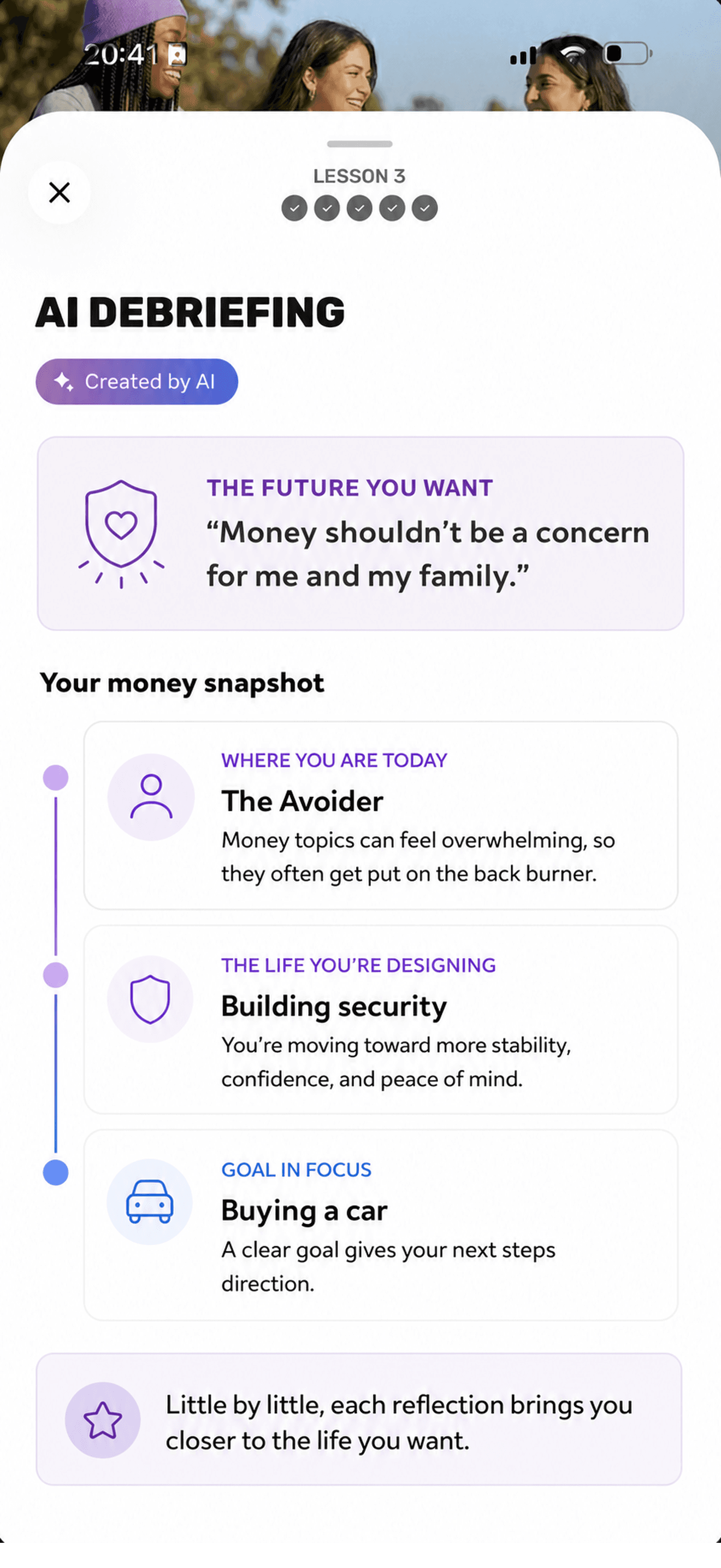 Captura da solução proposta com o AI Debrief organizado em componentes visuais